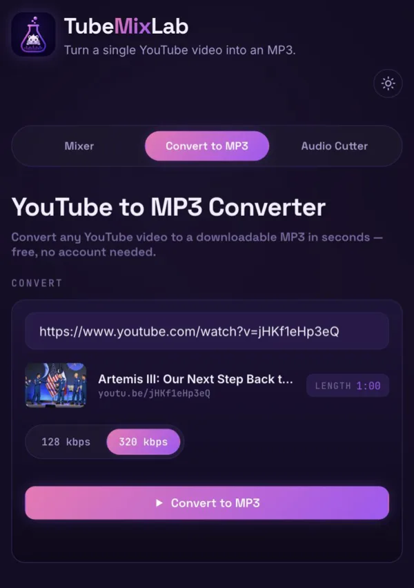 The TubeMixLab converter at phone width with a YouTube link pasted in: the video's thumbnail, title and 1:00 length are shown above the 128/320 kbps toggle and a Convert to MP3 button