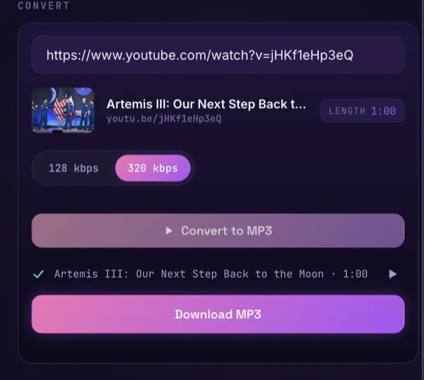 The same converter at phone width after converting: a green check with the video title and length, a play button, and a full-width Download MP3 button
