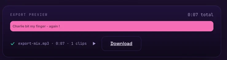 A finished single-clip export: the export preview showing one segment, and the result row with export-mix.mp3, 0:07, a play button and a Download link
