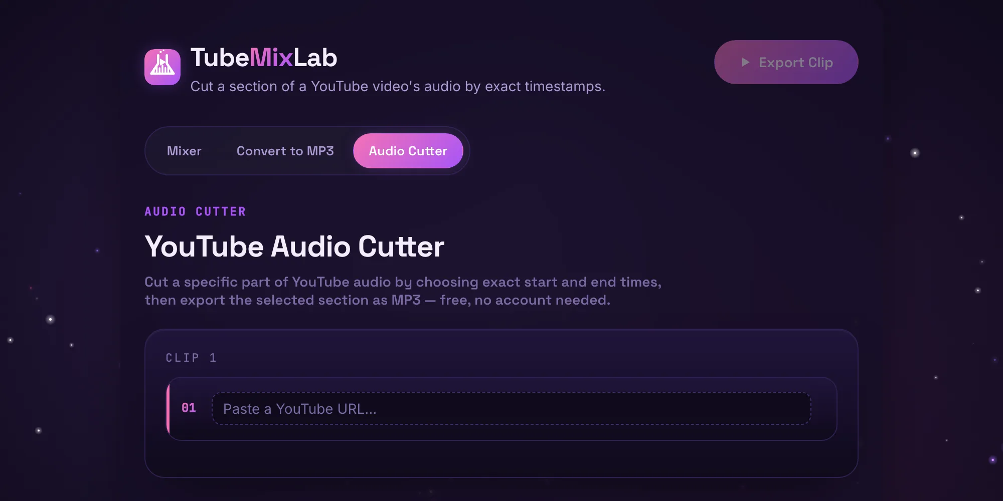 The TubeMixLab audio cutter on load, showing the YouTube Audio Cutter heading and a single empty clip row with no add or reorder controls