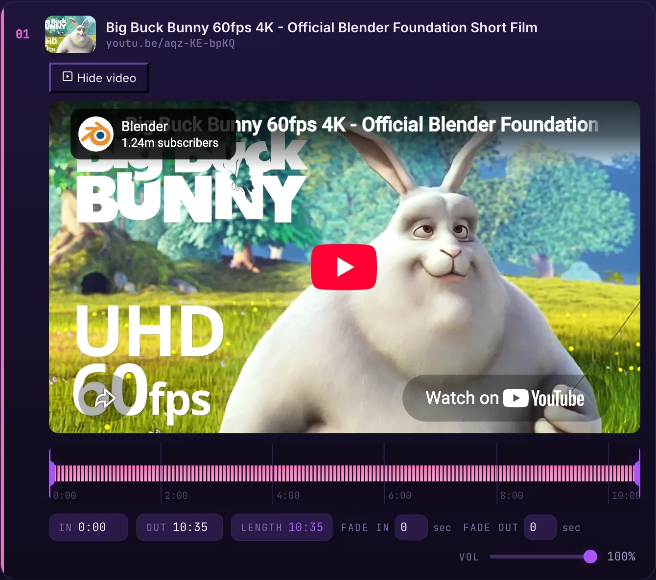 The cutter's embedded video preview open above the waveform, with the toggle button reading Hide video