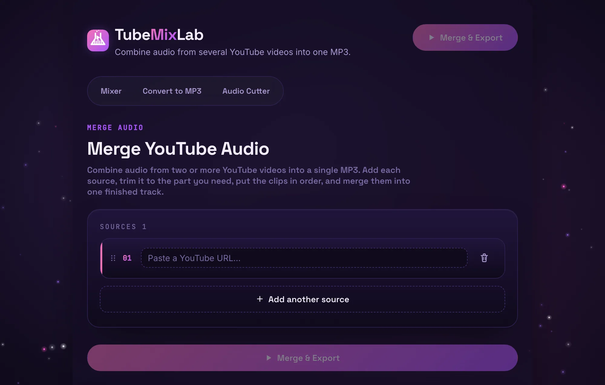 The TubeMixLab merge tool on load, showing the Merge YouTube Audio heading and one empty source row with an Add another source button below it