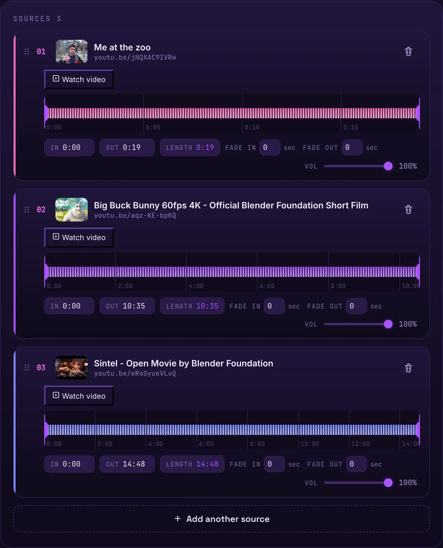 Three resolved source cards from different videos stacked in the merge tool, each showing a thumbnail, title, channel and waveform