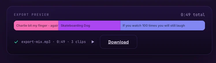 A finished 3-clip mix export: the segmented export preview timeline, and the result row showing export-mix.mp3, 0:49, 3 clips, a play button and a Download link