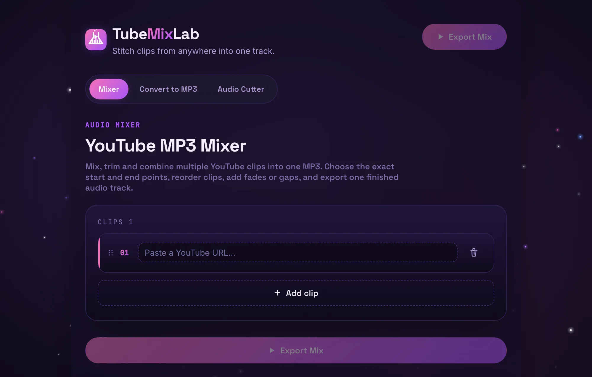 The TubeMixLab mixer on load, showing the YouTube MP3 Mixer heading and one empty clip row with an Add clip button below it
