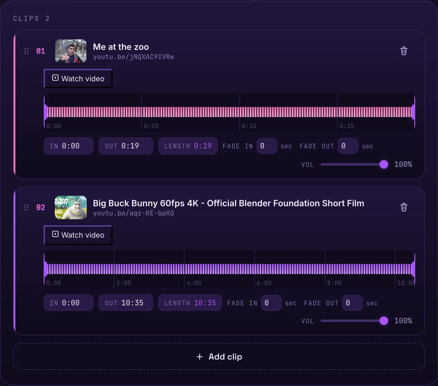 Two resolved clip cards in the mixer, each showing a thumbnail, title, channel and waveform