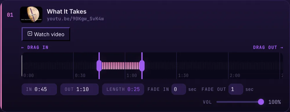 The audio cutter's waveform with the In handle at 0:45 and the Out handle at 1:10, the Length field reading 0:25, Fade in set to 0 and Fade out set to 1 second