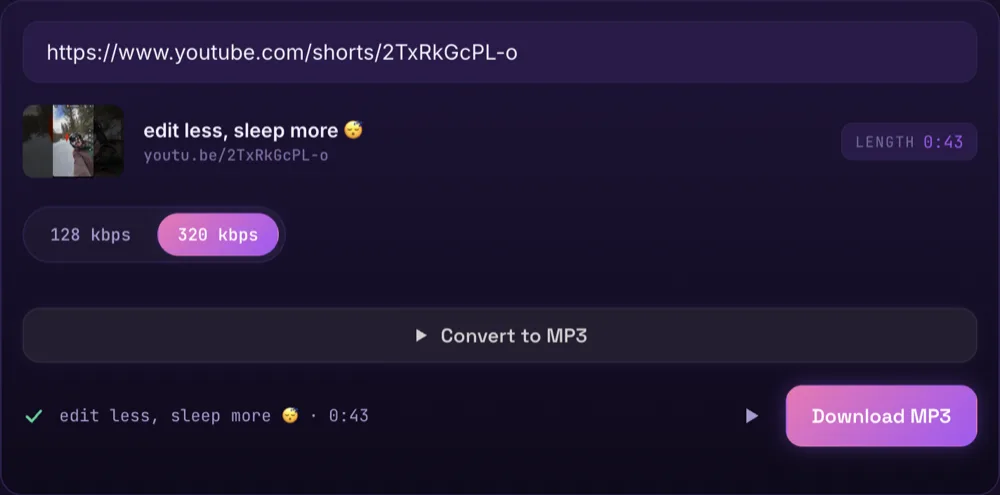 The same converter after conversion: a green check next to the Short's title and 0:43 length, a play button, and a Download MP3 button