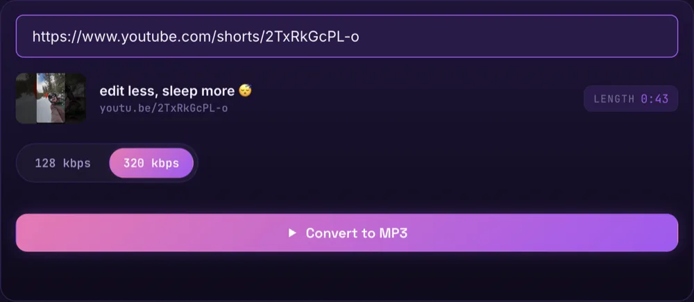 The TubeMixLab converter with a youtube.com/shorts link pasted in, showing the Short's thumbnail, title, a 0:43 length badge, the 128/320 kbps toggle and the Convert to MP3 button